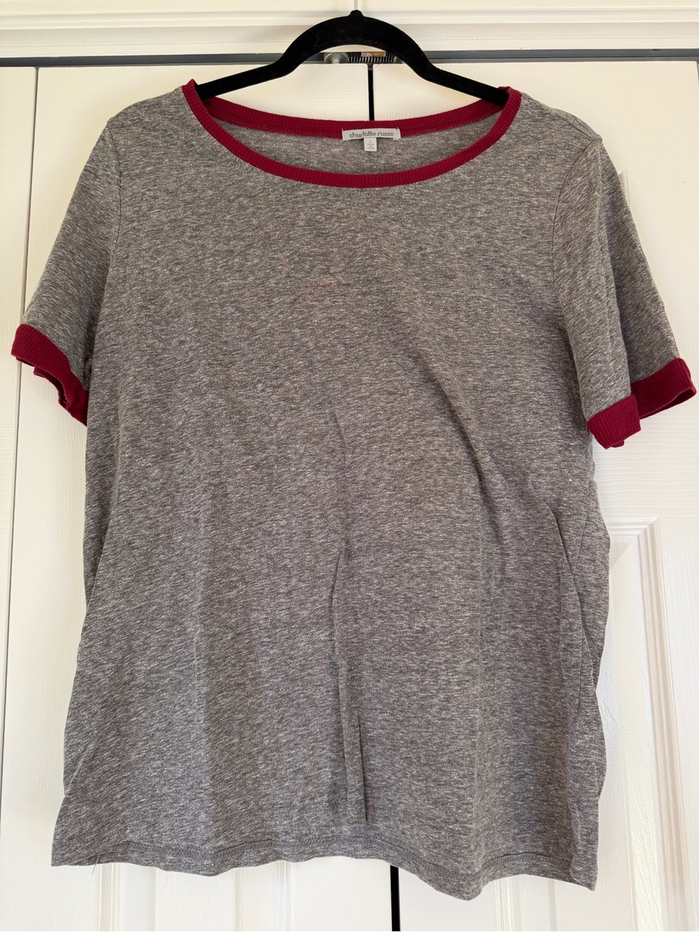 Charlotte Russe Gray Tee with Red Trim Short Sleeve